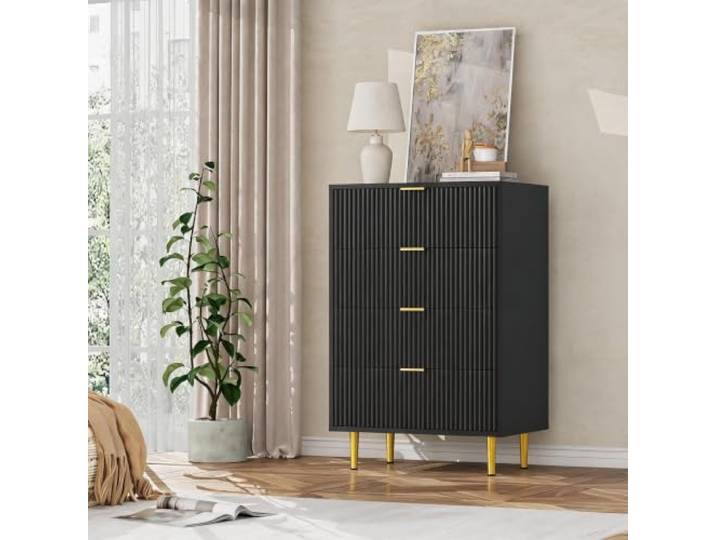 GarveeLife Kommode Wellenfront 4 Schubladen 60×40×94 cm Schwarz Goldene Griffe und Metallfüße verleihen der Kommode einen eleganten Look für Schlafzimmer, Wohnzimmer und Flur