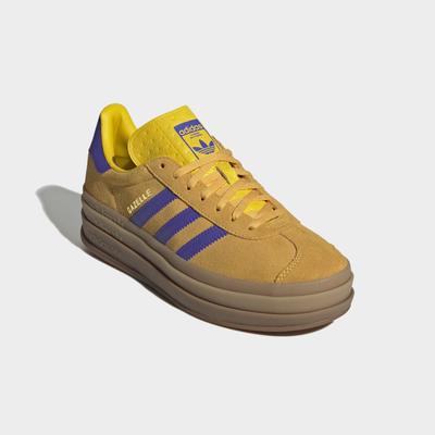 Plateausneaker ADIDAS ORIGINALS "GAZELLE BOLD", Damen, Gr. 42, utility gelb, solar lila, gold metallic, Leder, Synthetik, Schuhe Plateausneaker