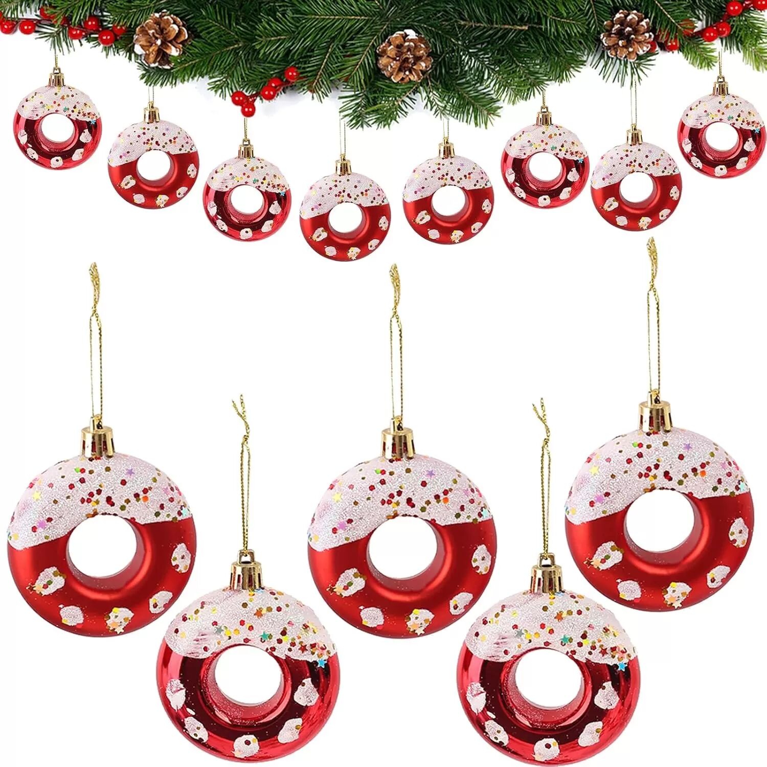 INF Décorations de Noël Donut - Lot de 4 décorations festives pour sapin Rouge