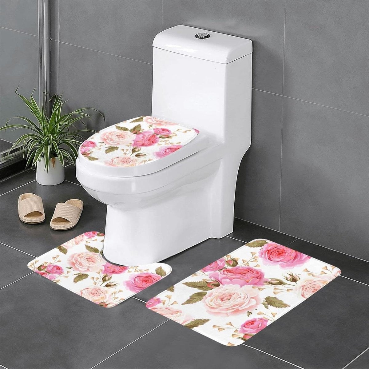 3-delige badkamer tapijten set met antislip en roze bloemen