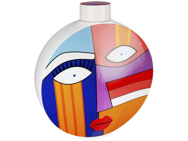Dekovase GILDE Deckelvase Grafic Face, Höhe ca. 34,5 cm , bunt (mehrfarbig), B:29cm H:34,5cm T:7,5cm, Keramik, Vasen, Dekovase, Dekoobjekt aus Keramik