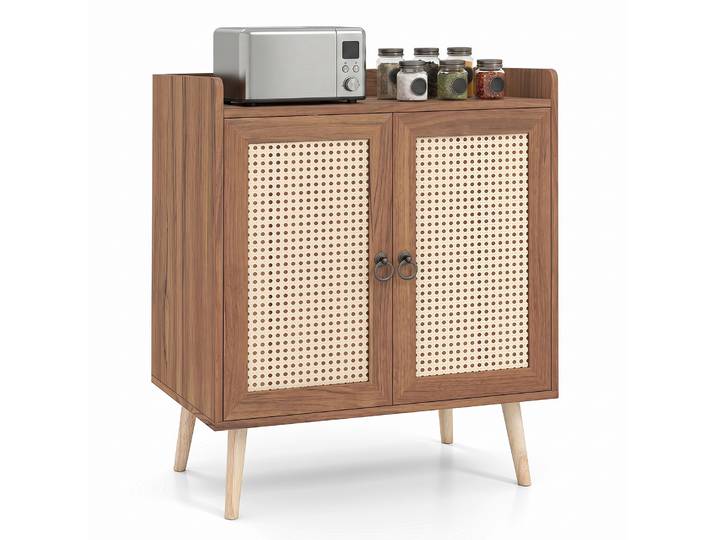Dressoir met Rattan Deuren Keuken Kast van Hout met Werkblad & Verstelbare Planken Buffetkast met Kantelbeveiliging Bruin