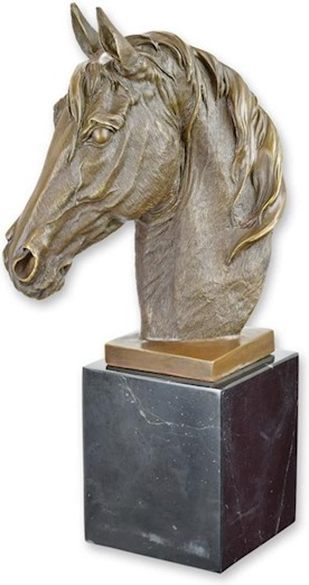 Bronzen paardenkop beeld op marmeren voet, decoratieve paardenbuste sculptuur, B/D/H: 17 x 20 x 44 cm