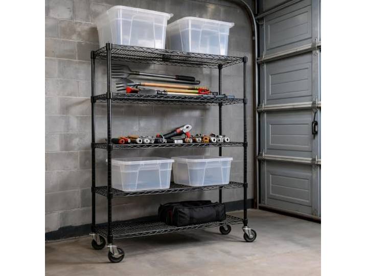 GarveeTech Schwerlastregal mit Rollen 5 Ebenen 150x45cm Metall Mobil 1500kg Tragkraft, 5 verstellbare Ebenen, 150cm breit, mobil mit Bremsen