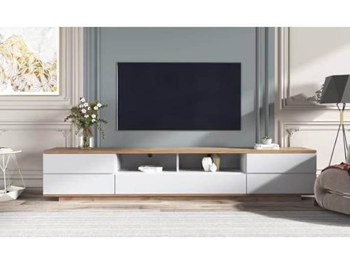 RAPRAP Tv Lowboard Stehend Weiß Holz, 180cm Tv Board Weiss, Tv Schrank Holz mit 5 Türen & Holzfüßen - Fernsehschrank Modern,N