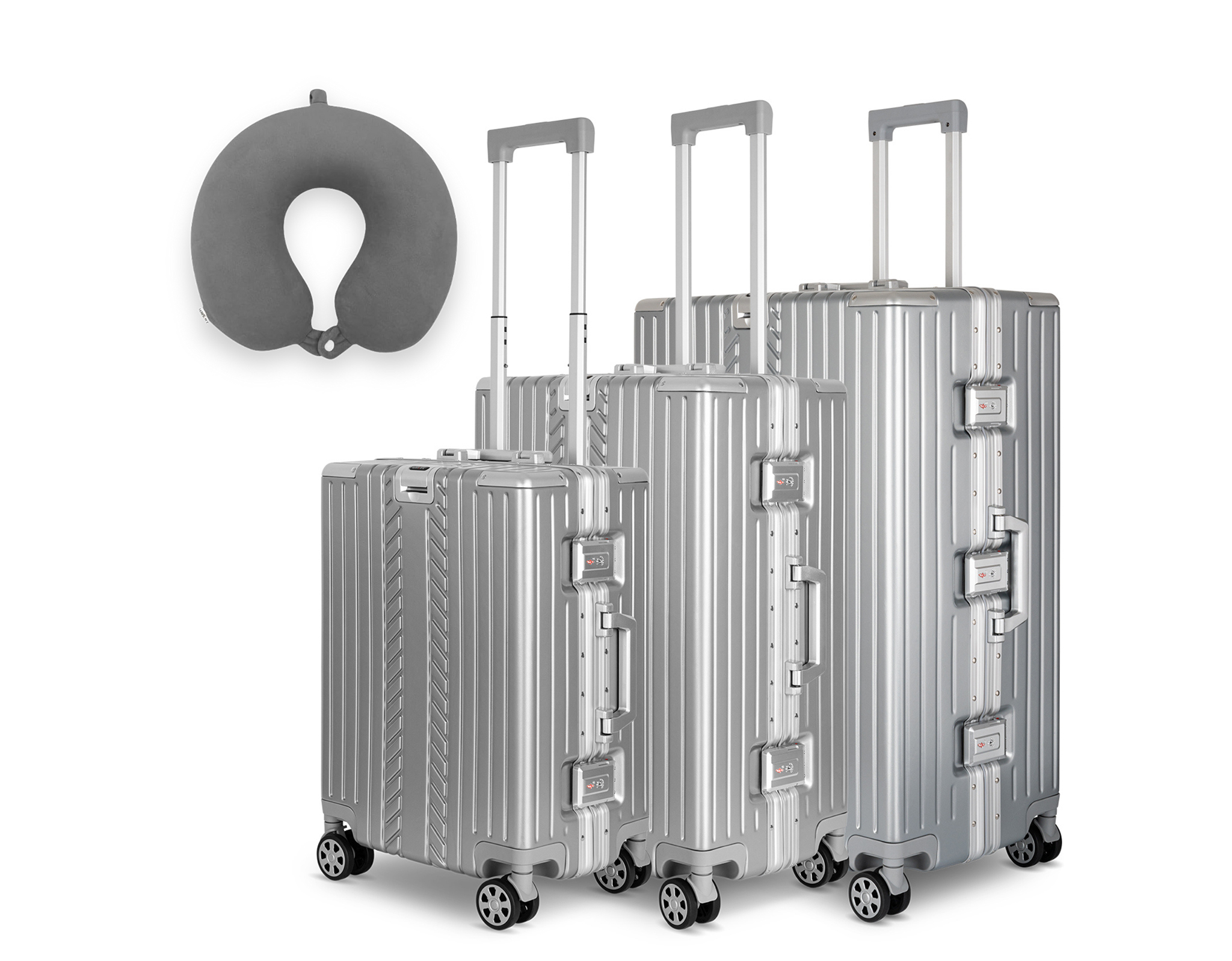 WINLIFE 3in1 Koffer-Set M+L+XL mit anthrazit Nackenkissen - 53cm Handgepäck, 65cm Check-in-Trolley & 75cm XL Koffer, ABS, Alu-Rahmen, TSA-Schloss