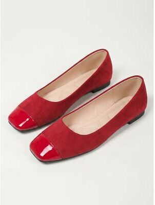 LightInthebox Women's Elegant Ballet Flats - Red Suede Patent Leather Splice Square Toe Shoes for Office Career, Daily Wear