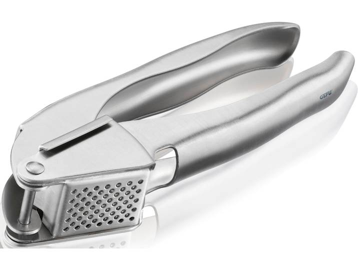 Knoblauchpresse GEFU IMPRENSA , silber, B:6cm L:17,5cm T:3,5cm, Edelstahl 18/10, Küchenpressen, Knoblauchpresse, Spezial-Lochung und -Hebeltechnik für müheloses Pressen