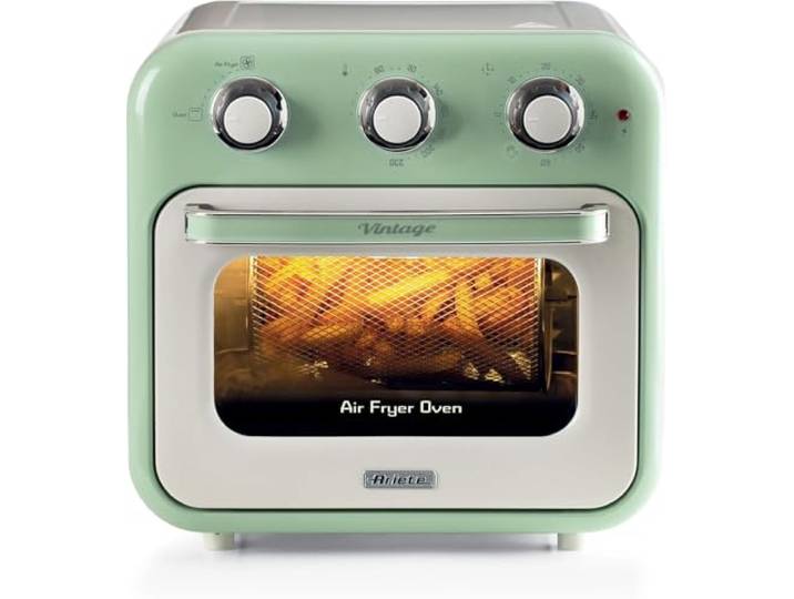 Ariete Vintage, 4632 2-in-1 Heißluftfritteuse und Ofen, 16 L Fassungsvermögen, Körbe und Drehspieß aus Edelstahl, Temperatur bis 230°C, 60-Minuten-Timer, Doppelverglasung, 1400W, Grün