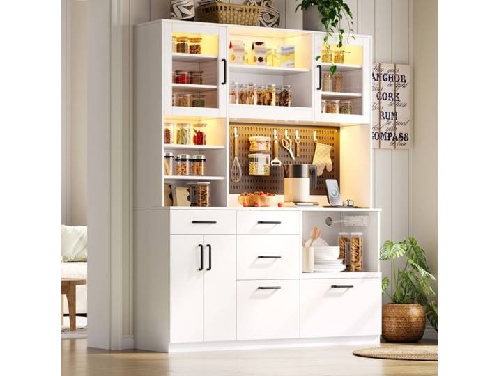 Armoire de cuisine 5 tiroirs Planchers réglables Blanc Sideboard avec prise de courant et éclairage LED Armoire buffet