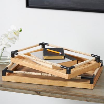 ARCILLA ELEMENTAL Brown Wood Slatted Living Room Decor Tray with Elevated Woven Sides and Black Metal Corners (Set of 2)