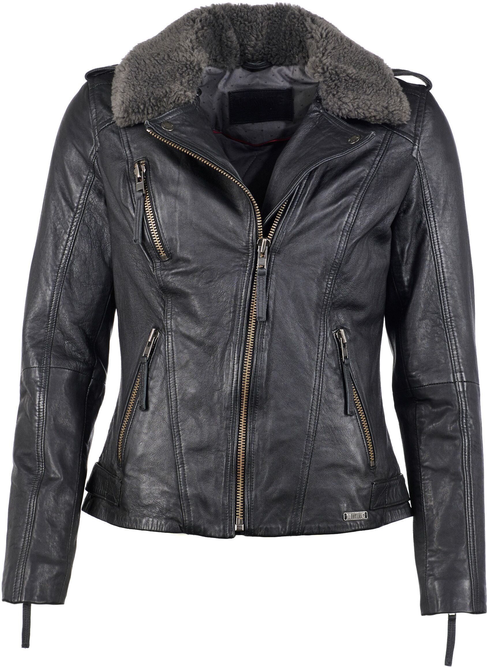 Lederjacke MUSTANG "Lederjacke Grenada", Damen, Gr. XS, schwarz, Obermaterial: 100% Lammnappaleder LANA. Futter: 100% Baumwolle CO., Jacken Lederjacke