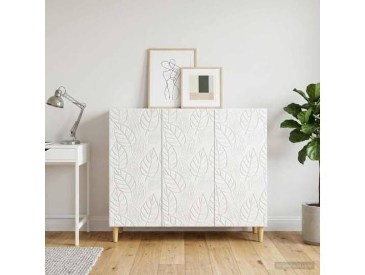 KTHLBRH Anrichte weiß glänzend 89 x 34,5 x 80 cm Ingenieurholz 3 Türen, 2 Einlegeböden, Beine aus Eukalyptus, Türen 90°, 60 kg Kapazität