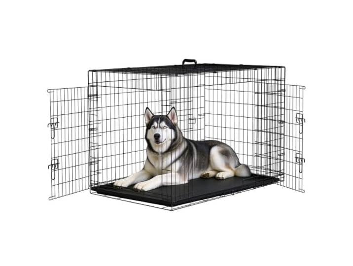 PawHut Cage Caisse de Transport Pliante Chien Acier 121x77x82cm Noir 2 Portes Verrouillables\, Plateau Amovible\, Cage de Transport pour Chien