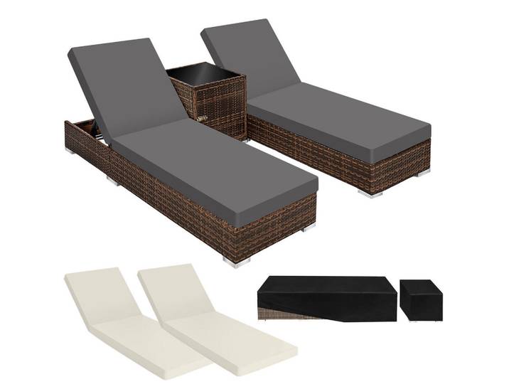 tectake Rattan-Sonnenliege 2er Set, wetterfest und UV-beständig, braun, Braun, Kunststoff, 60x21x184 cm, Gartenmöbel, Gartenliegen