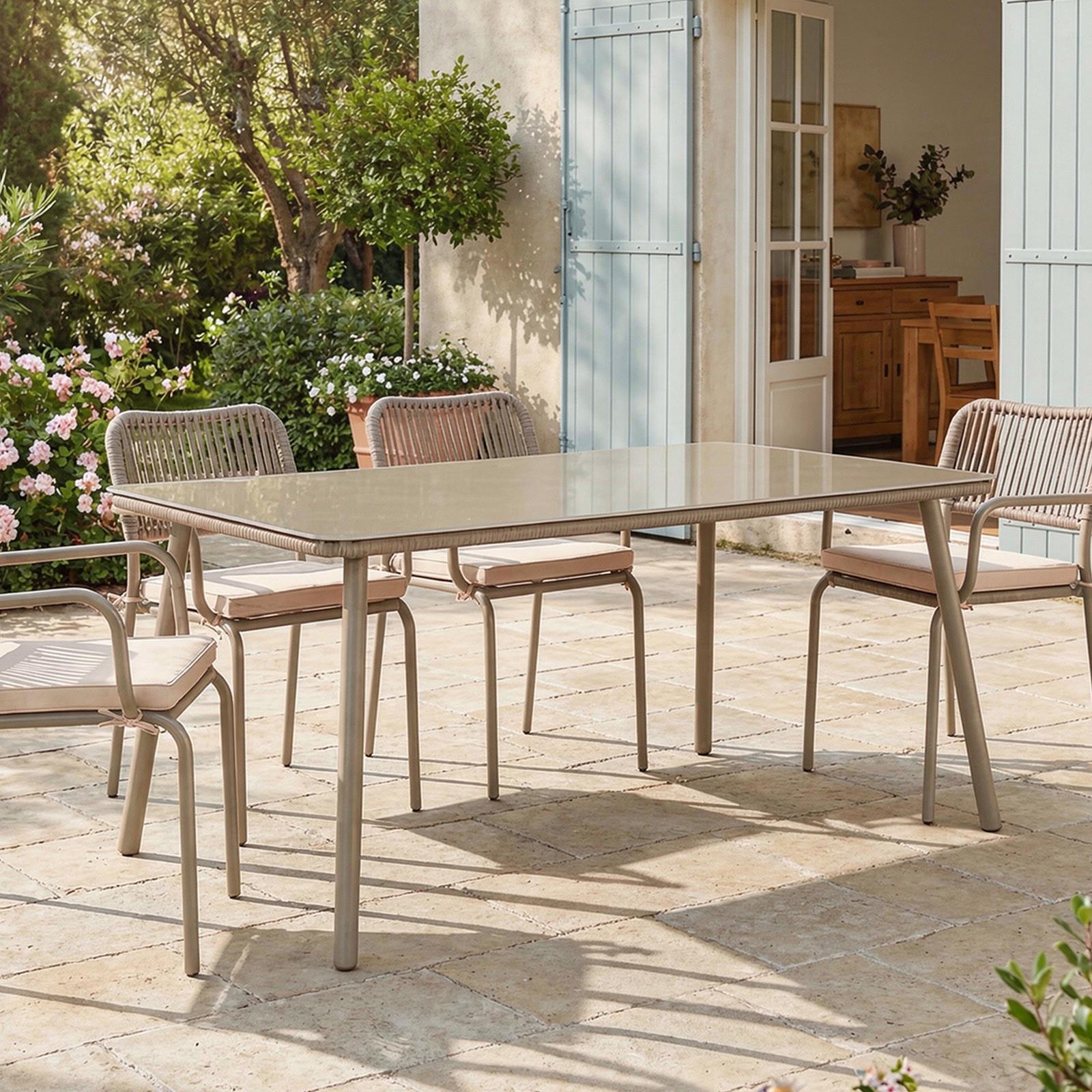 Gartentisch Volonte 160x90 cm, champagner - Outdoor Tisch mit Glasplatte für Terrasse & Balkon, Aluminiumgestell mit Rope Detail, modern & pflegeleicht, Platz für 6 Personen, robust & stabil