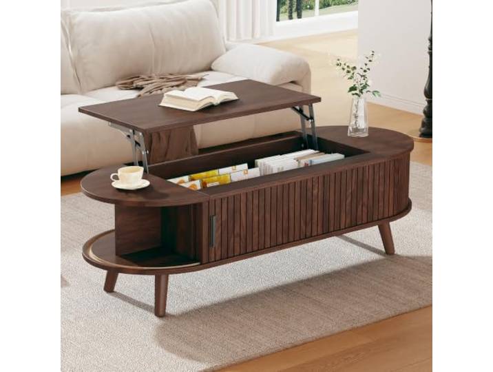 RAPRAP Anhebbarer Couchtisch Walnuss mit Rolltüren & 5 Ablageflächen Wohnzimmertisch Holz für Ordnung & Flexibilität, Versteckter Stauraum, 120x50cmx39,5-53,5cm
