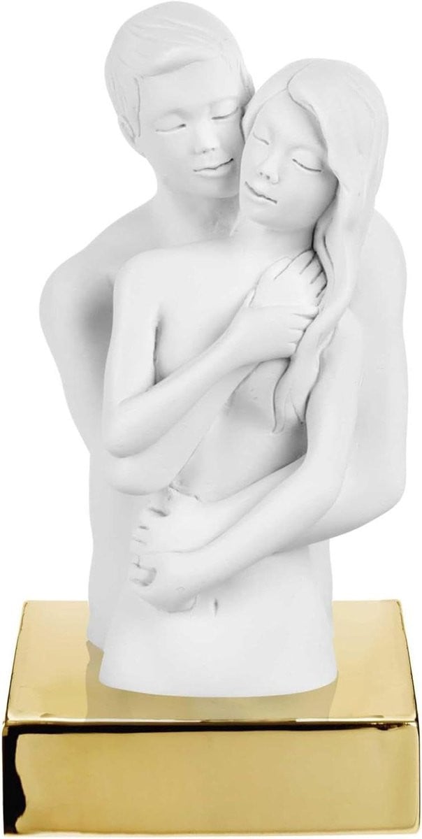 Sculptuur Buste Paar Liefdesbeeld in Goud met Marmeren Sokkel - 15 cm