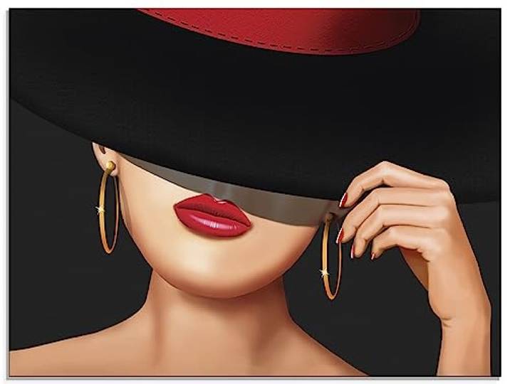 ARTland Wanddeko Glasbilder Wandbild Glas Bild einteilig 60 x 45 cm Elegant Schick Dame Lady Hut Ohrringe Lippen Rot T6FL