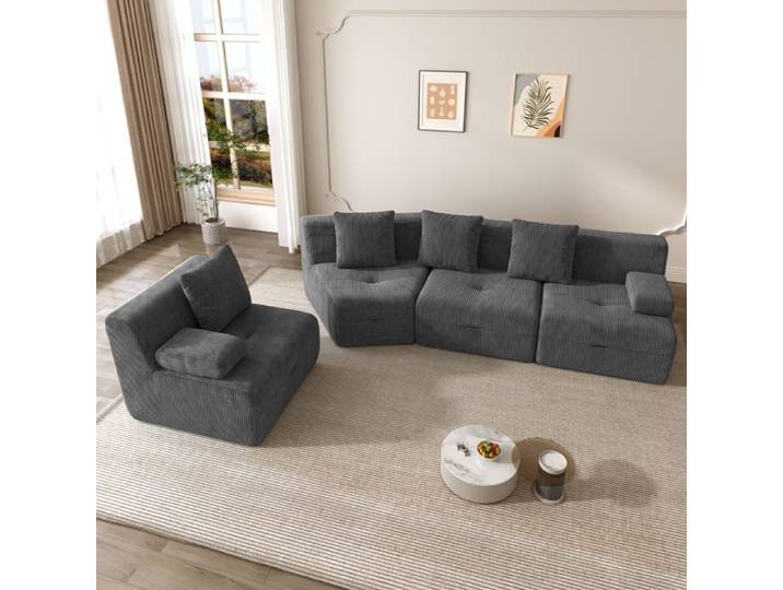 Canapé compressé au design épuré 311×90×65cm quatre places tissu velours côtelé combinaisons libres aucun montage requis gris