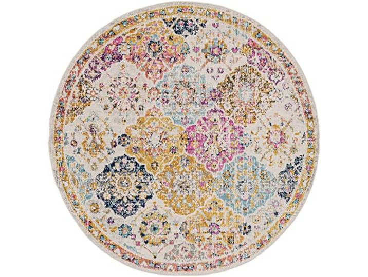 Livabliss Sicily Vintage Teppich Orientalisch Boho 200 cm rund Orange, Weinrot, Blau