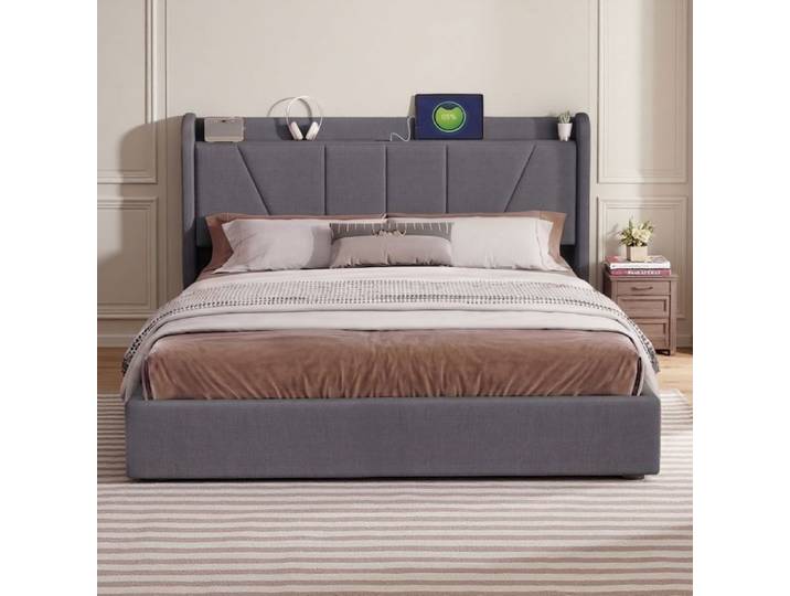 Lit coffre 160x200 avec sommier - RWUDV - Tête de lit avec rangement USB - Lit double 160x200 cm - lit 2 personnes - Lin Gris