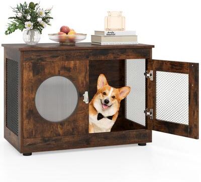 Costway Furniture Style Dog Crate for Small and Medium Dogs with Translucent Window and Lockable Door-Rustic Brown
