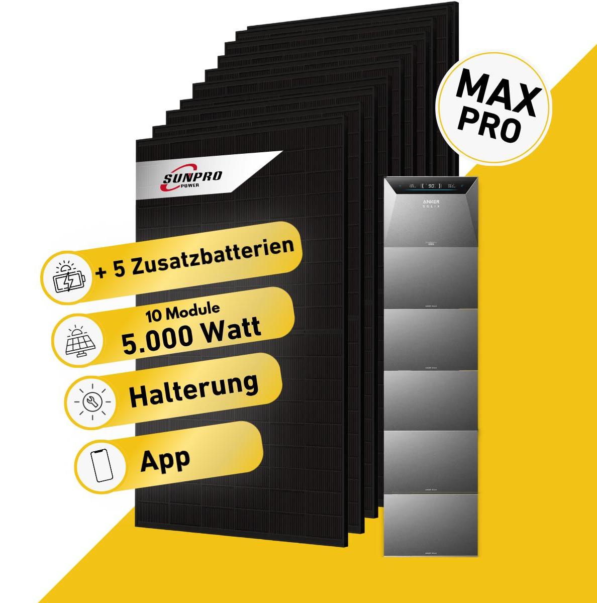 Balkonstrom Balkonkraftwerk 5000W mit Speicher | 5xZusatzspeicher | Fassadenhalterung 90 Grad | 10xSolarmodul Bifazial | Anker Solix 4 Pro |Kabel 3m