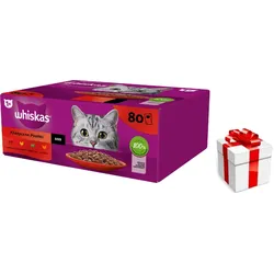 WHISKAS Adult Sachets 80 x 85 g Classic Meals - Nassfutter für ausgewachsene Katzen, in Sauce (Schnitte mit: Rind, Huhn, Lamm, Geflügel) + Überraschung für die Katze