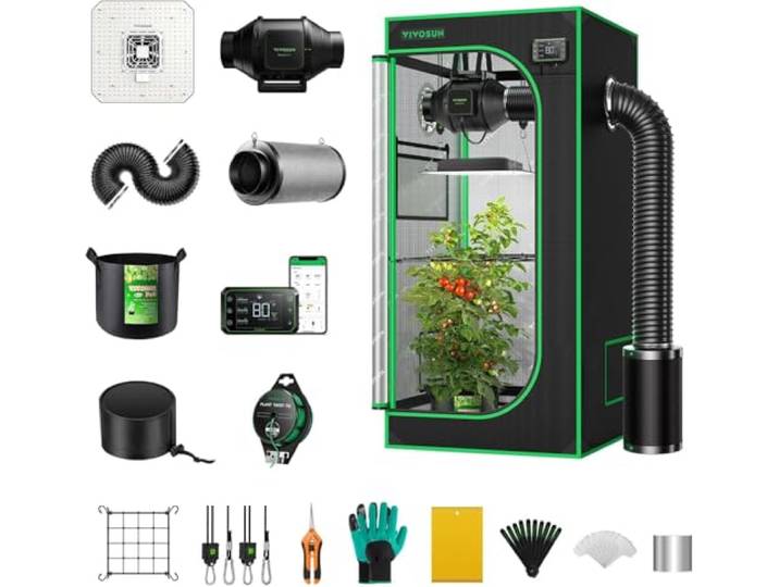 VIVOSUN Smart Growzeltsystem - WiFi-integriertes Growzelt-Kit mit automatischer Belüftung & Zirkulation, Zeitplan für 150W LED Grow Vollspektrum Lampe & GrowHub E42A-Controller - 80 x 80 x 180 cm