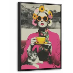 LEINWAND Bilder mit Rahmen - Frau - Katze - Blumen - Tasse - Retro - 20x30