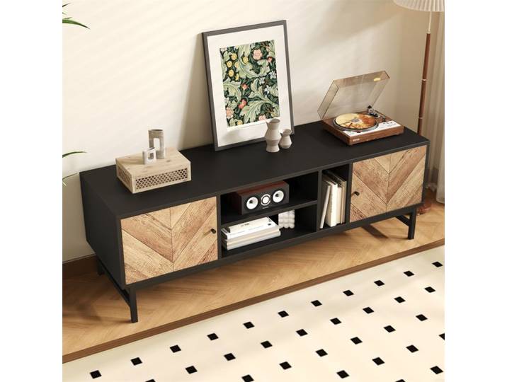 LPOSPI Meuble tv 150 cm - avec compartiments ouverts et fermés rangement vertical et horizontal design moderne noir et bois