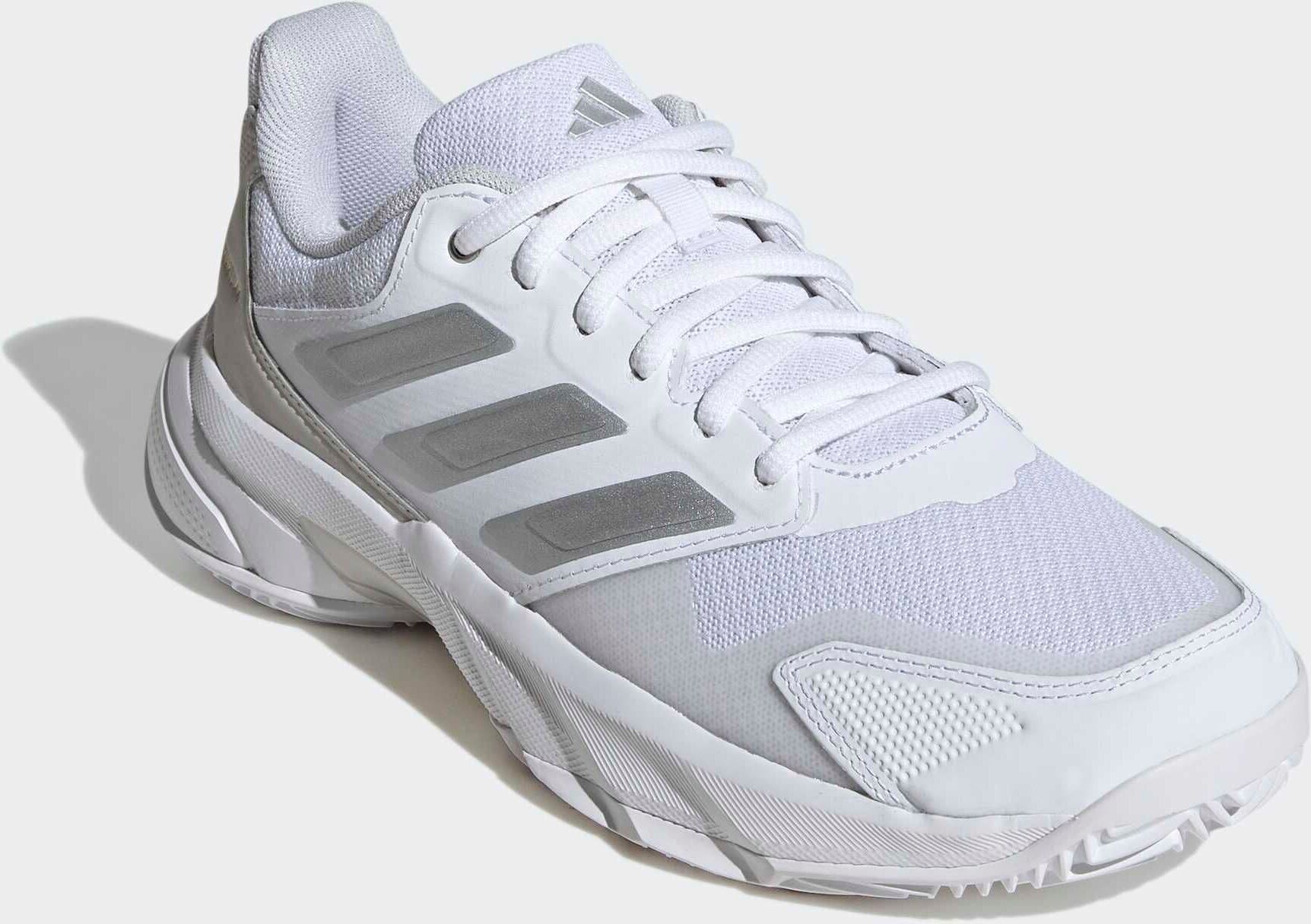 Tennisschuh ADIDAS PERFORMANCE "COURTJAM CONTROL 3 CLAY", Damen, Gr. 42,5, weiß (cloud weiß, silber metallic, grau one), Synthetik, Textil, Schuhe Tennisschuh, für Sandplätze, Clay