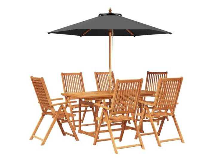 KTHLBRH Outdoor-Lunch-Set mit Sonnenschirm, 8 Stück, aus Akazienholz Ausziehtisch, integriertes Sonnenschirmloch, 5-fach verstellbare Stühle, UV-Sonnenschirm, Eukalyptus, Polyester