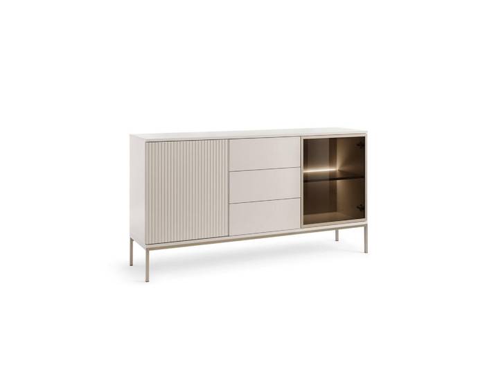 Ravio Moderne Geriffelte Kommode Lagos K2D3Sz (Kaschmir Matt, Led, Champagner Gestell, Push to Open), Metall, seitenverkehrt montierbar,Rechteckig, 154x83x39 cm, Kleinmöbel, Kommoden, Kommoden