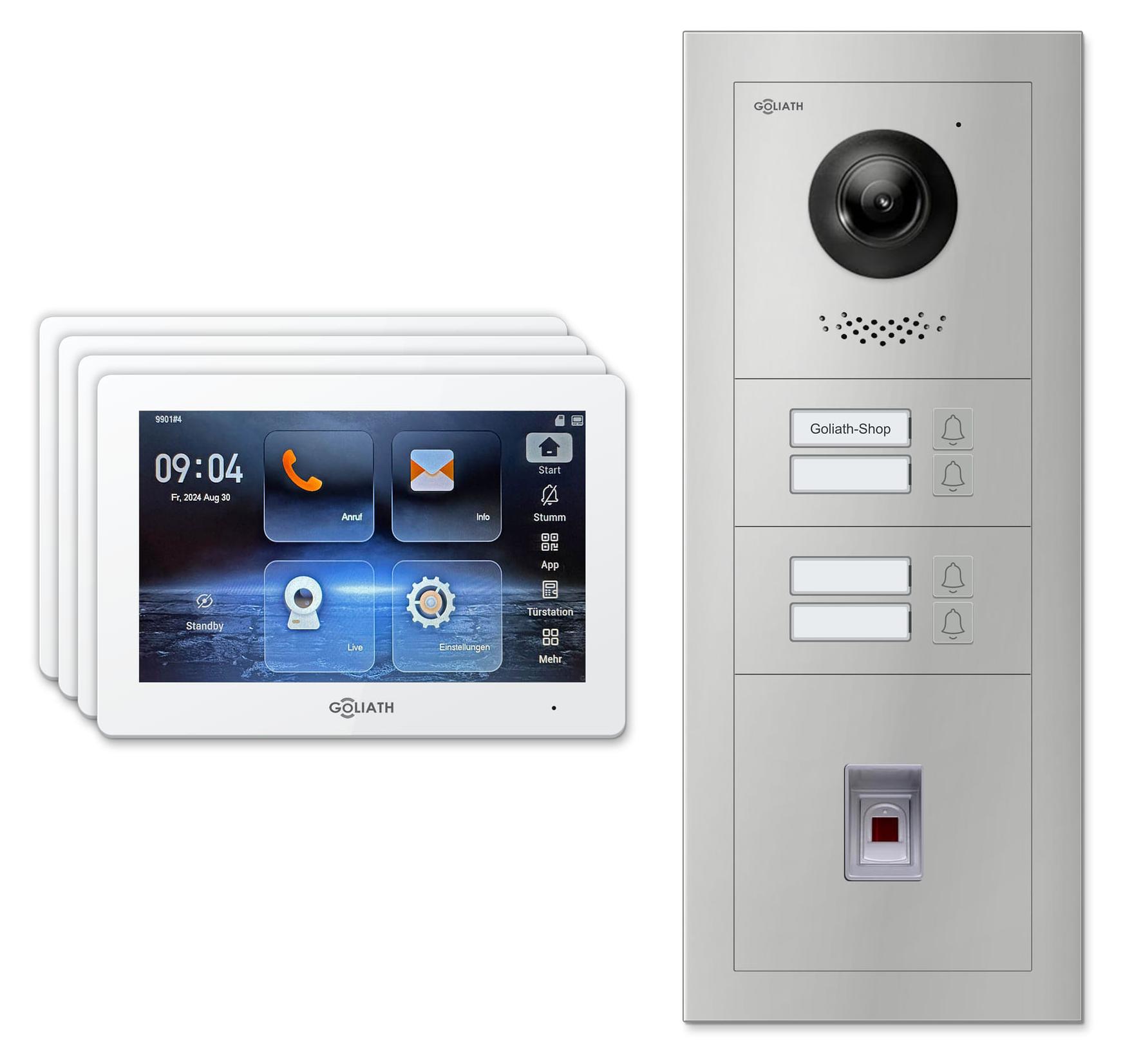 Goliath Premium IP GL-IPH435.1 Video-Türsprechanlage, 4 Familien, 4× 7 Zoll Weiß, Silber, Aufputz