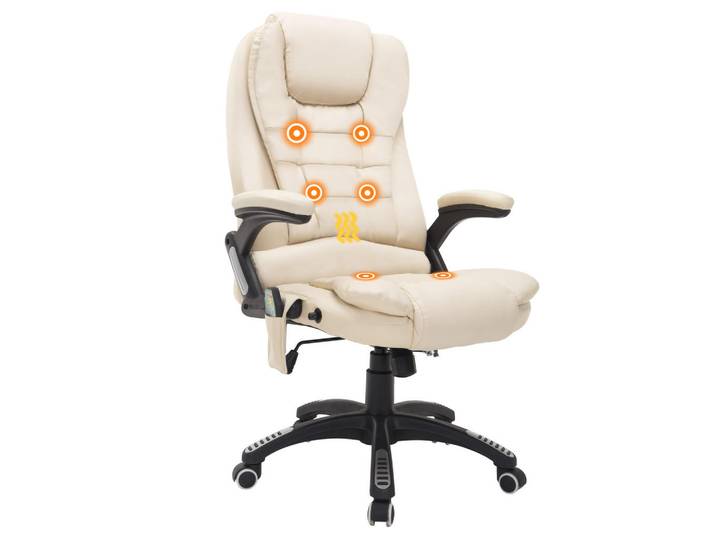 Drehstuhl Massage Wärmefunktion höhenverstellbar Kippfunktion Cremeweiß + Schwarz, Weiß, 68x121x62 cm, Büromöbel, Bürostühle, Drehstühle