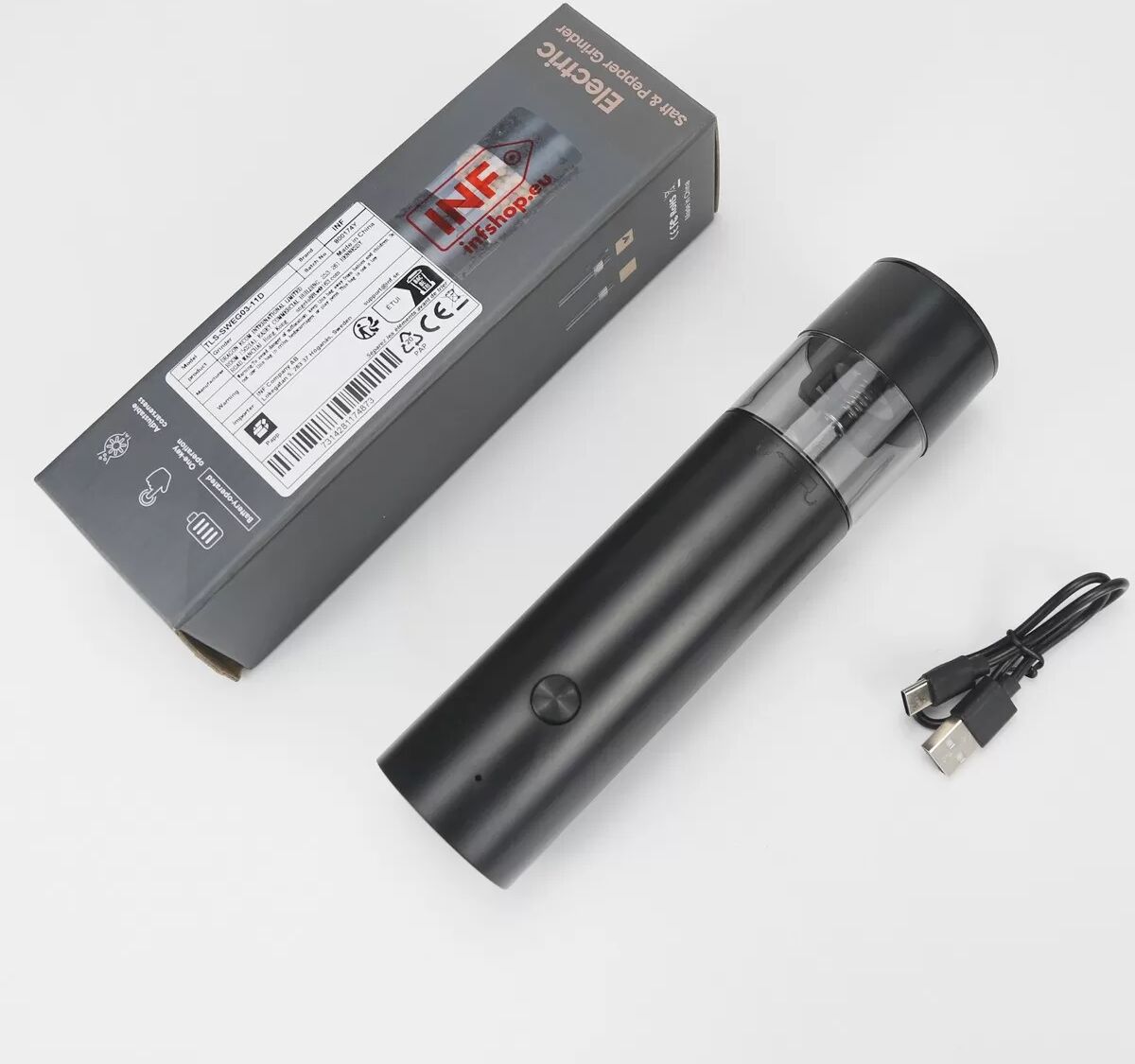 INF Wiederaufladbare elektrische Pfeffermühle - Schwarz, USB-Aufladung, Keramikmahlwerk