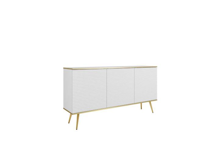 Ravio Kommode Forno (Weiß, Rillenfront, Goldene Details, 3 Türen, goldene Metallfüße, 160 cm), Weiß, Goldfarben, Eiche, Rechteckig, 160x85x39 cm, Kleinmöbel, Kommoden, Sideboards