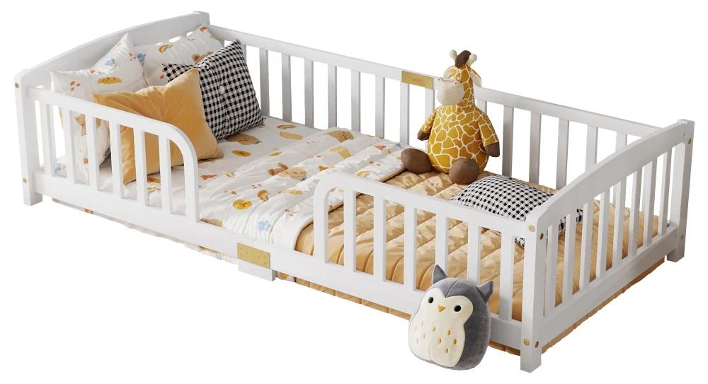 Kinderbett - Bodenbett aus massivem Kiefernholz - 90 x 200 cm - Rundum-Sicherheitsgitter - Mittiger Einstieg - Niedrige Höhe - Weiß und Kiefer
