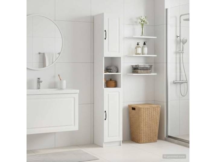 YUTAASU Badezimmerschrank Mit Offenem Regal Utrecht Weiß Holzwerkstoff, Feuchtigkeitsbeständig, Umkehrbare Tür, Platzsparend, Mehrere Regale