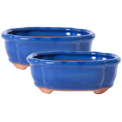 H&D Manufaktur Jinfa 2 glasierte Keramik Bonsai Töpfe mit Entwässerungslöchern + 2 Drainagegitter | Blau