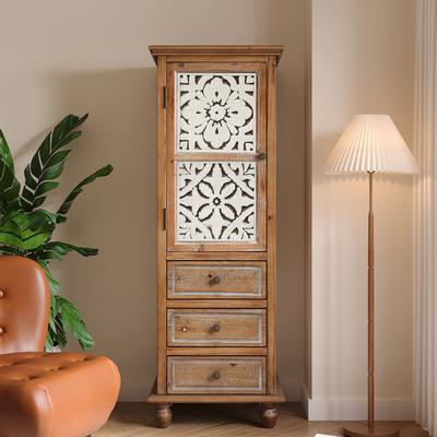 Kodotan sofa Rustic Wooden Storage Cabinet with Decorative Cutout Door & 3 Drawers, Tall Narrow Organizer for Living Room, Bedroom