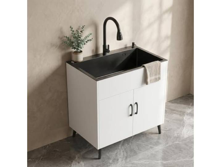 Edelstahl Küchenspüle mit Unterschrank und ausziehbarem Wasserhahn Gebürsteter Edelstahl, freistehendes Design, großer Stauraum, flexible Armatur(B,50.04CM X 39.88CM_PULL‑DOWN)