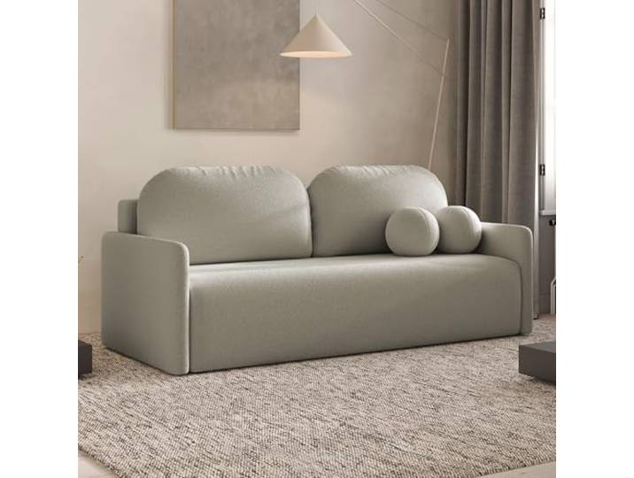 Dekori Möbel Skandinavisches Sofa Malva – 3-Sitzer Stoffsofa mit runden Kissen, Modernes Nordisches Design für Wohnzimmer (Quelle 05 - Beige)
