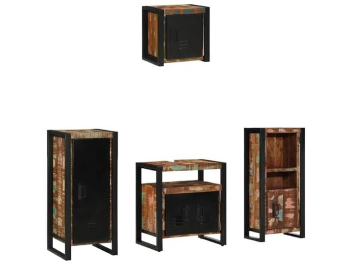 Badezimmermöbel-Set 4 stk Mehrfarbig und Schwarz mit Massivholz und Eisen Freistehender Schrank, 2 wandmontierte Schränke, Massivholz-Eisen-Kombination, platzsparendes Design, pflegeleichte