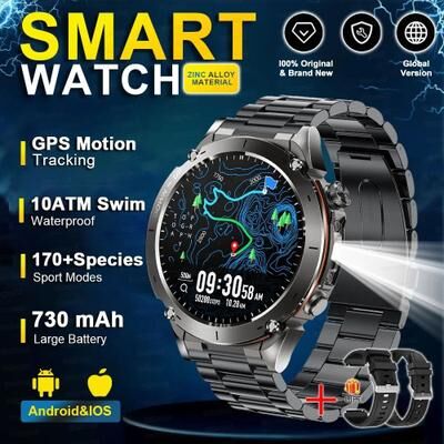 Uplift Essentials "Stratos 4 GPS Tactical Smart Watch 1.43"" AMOLED HD Display & Compass Pro Barometric Altimeter & Flashlight SmartWatc black Steel 2a"