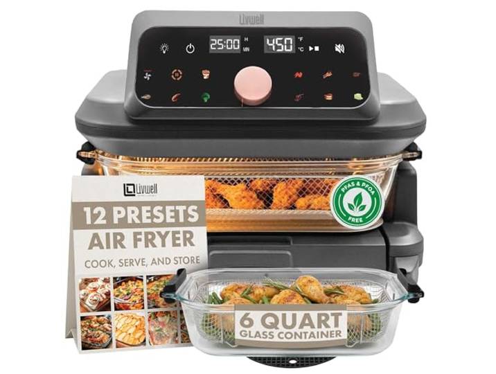 Livwell 6 Quart Glasbehälter Luftfritteuse mit ausziehbarer Schublade und Deckel – Küchengeschenk – PFOA & PFAS-frei, 12 Voreinstellungen, spülmaschinenfest, Familiengröße eine Mahlzeit zum Backen