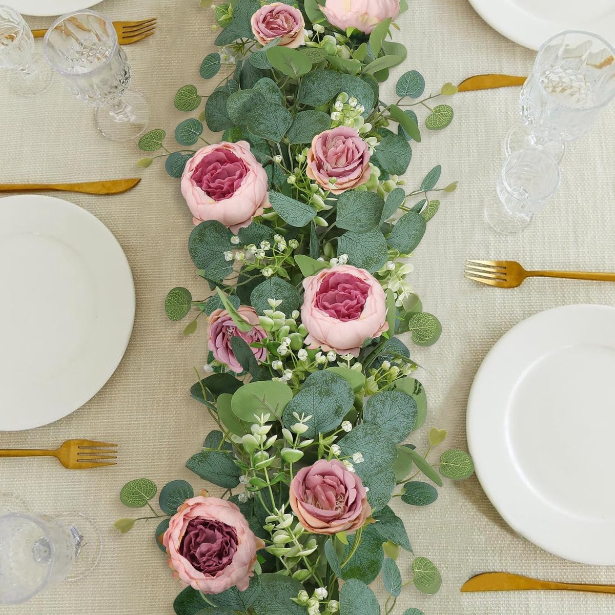 Dailygoods Bloemslinger met Kunstmatige Eucalyptus en Roos voor Bruiloft en Feestdecoratie