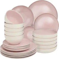 TecTake GmbH tectake Geschirrset Mare aus Steingut, für 6 Personen, 24 teilig, rosa